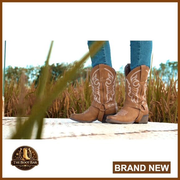 Women's Square Toe Cowboy Boots Mid Calf Western Riding Boots with Buckle Strap - Picture 7 of 7